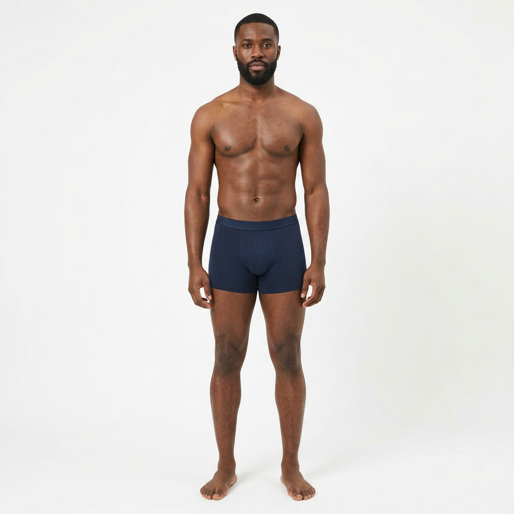 AI-generated adult model wearing plain navy boxer briefs