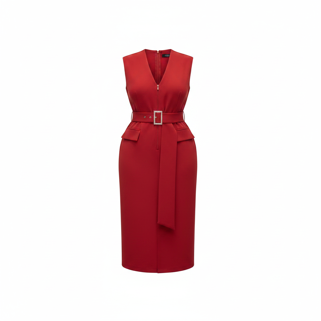 Women's red sleeveless belted midi dress – ghost mannequin view
