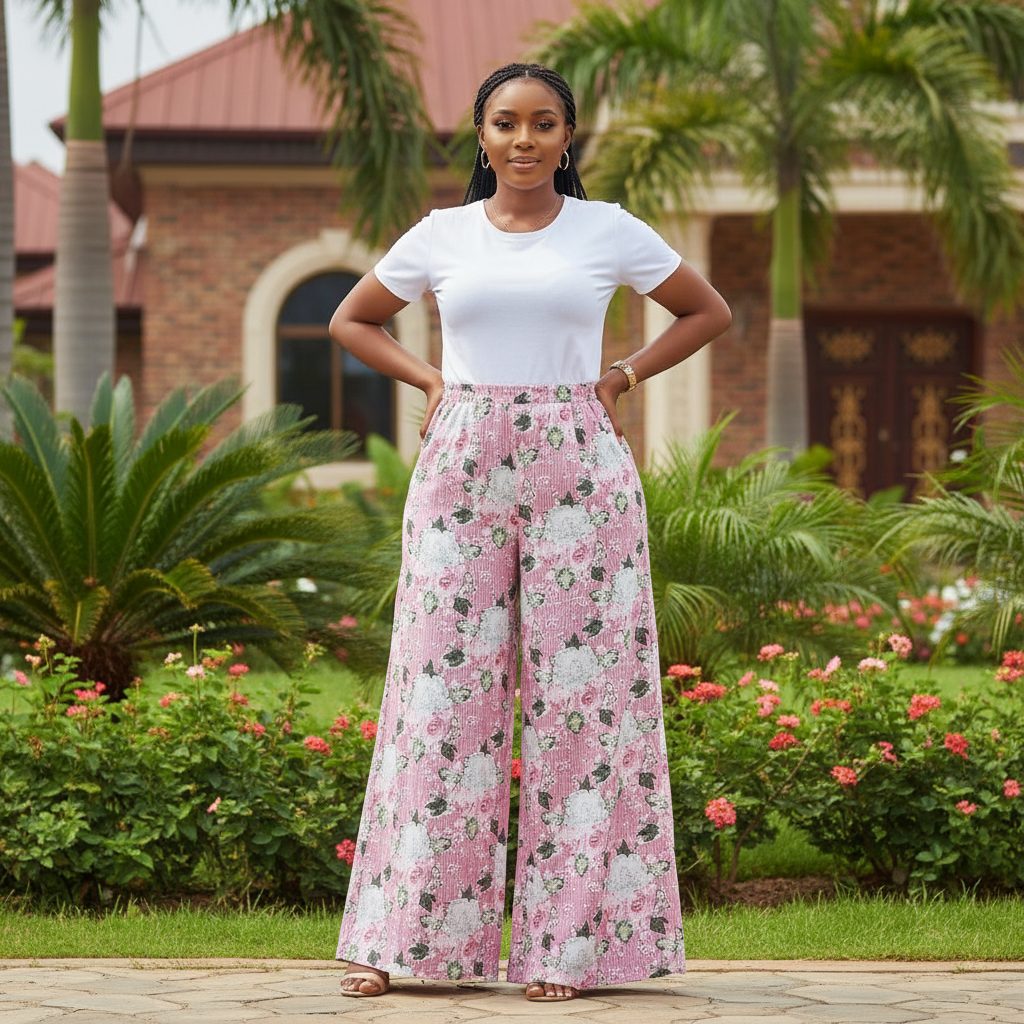 Model shot — Women's Pink Floral Wide-Leg Palazzo Trousers