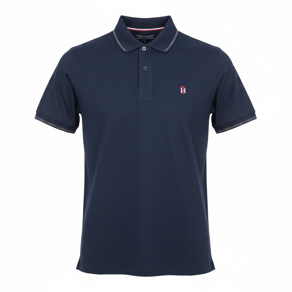 Navy blue solid short sleeve polo shirt with white dotted stitch trim — ghost mannequin front view on white background