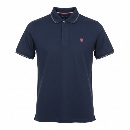 Navy blue solid short sleeve polo shirt with white dotted stitch trim — ghost mannequin front view on white background