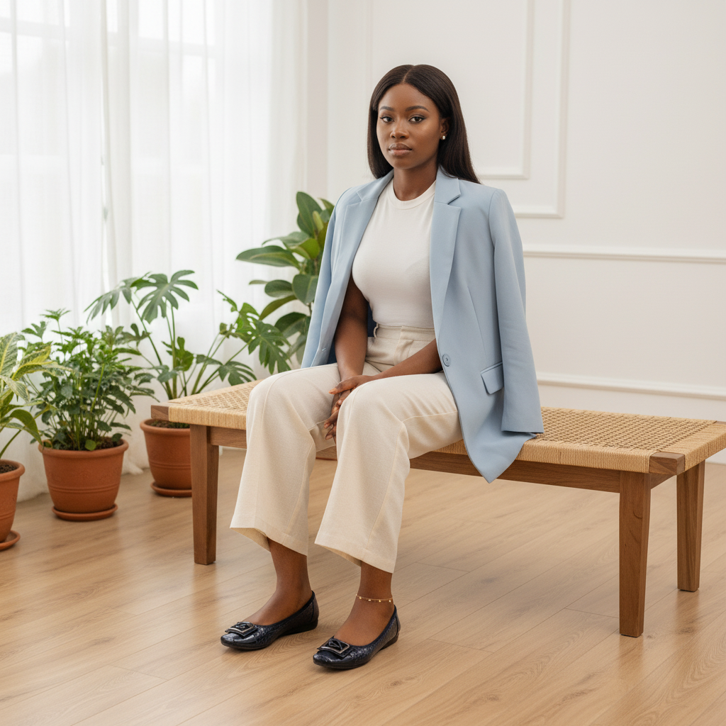 Nigerian female model seated wearing navy croc-embossed patent ballet flats with square metal buckle detail