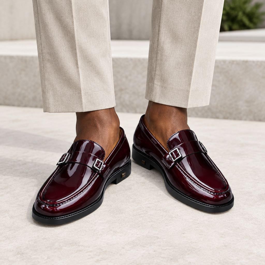 Black model wearing oxblood men's double-buckle loafers