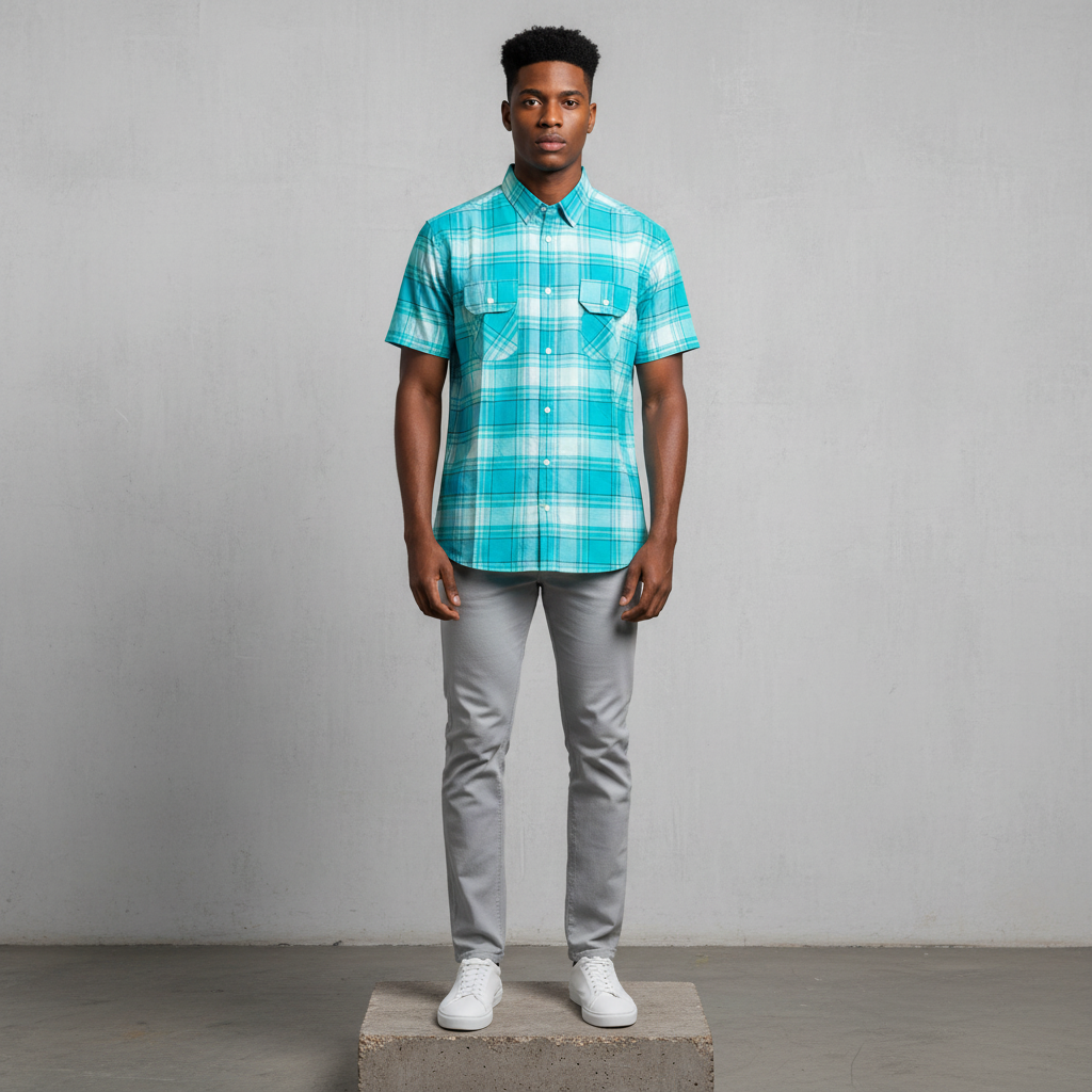 Nigerian male model wearing teal plaid short-sleeved shirt