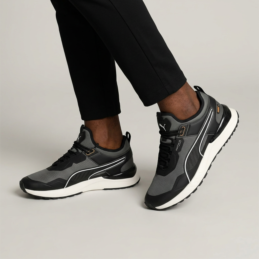 Both feet of a Nigerian Black man wearing black and charcoal mesh sneakers