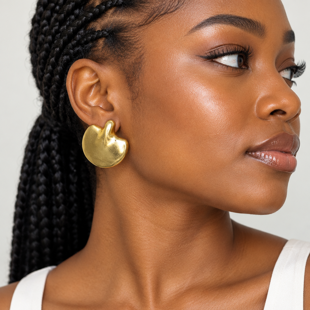 Gold Chunky Abstract Sculptural Stud Earrings – Model Shot