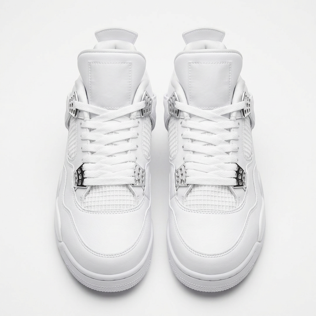 Front view of white mesh-panel mid-top sneaker pair with metallic lace supports
