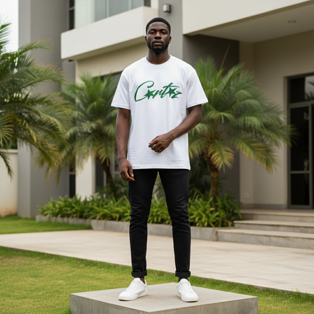 Nigerian male model wearing men's white script logo vintage poster graphic short-sleeve tee full body streetwear editorial shot