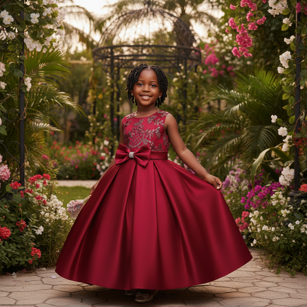 Young Nigerian girl wearing wine red sequin bow satin party dress