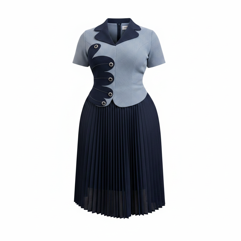 Women's Steel Blue & Navy Two-Tone Applique Pleated Midi Gown - Ghost Mannequin Front