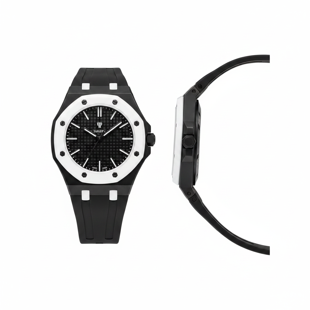 Unisex black octagonal pop watch with white bezel and solid waffle dial, front and side view