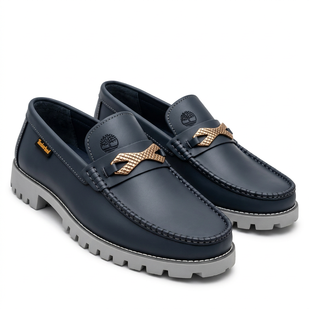 Pair of navy gold-trim loafers with grey lug soles on white