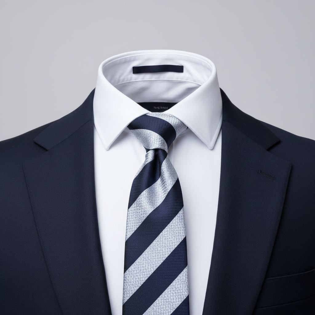Men's navy blue and white bold diagonal stripe regimental necktie on ghost mannequin with white shirt and navy suit