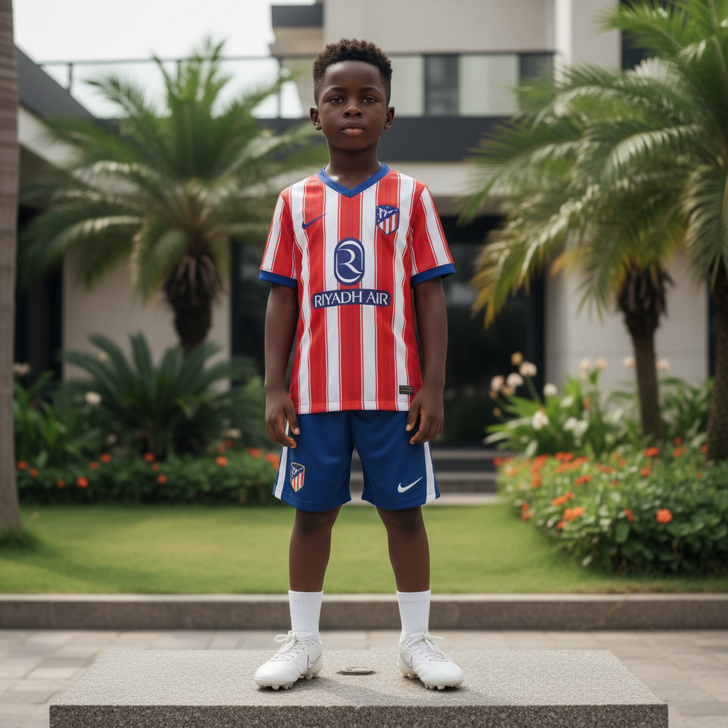Nigerian child model wearing red & white stripe football jersey set with blue shorts and white football boots