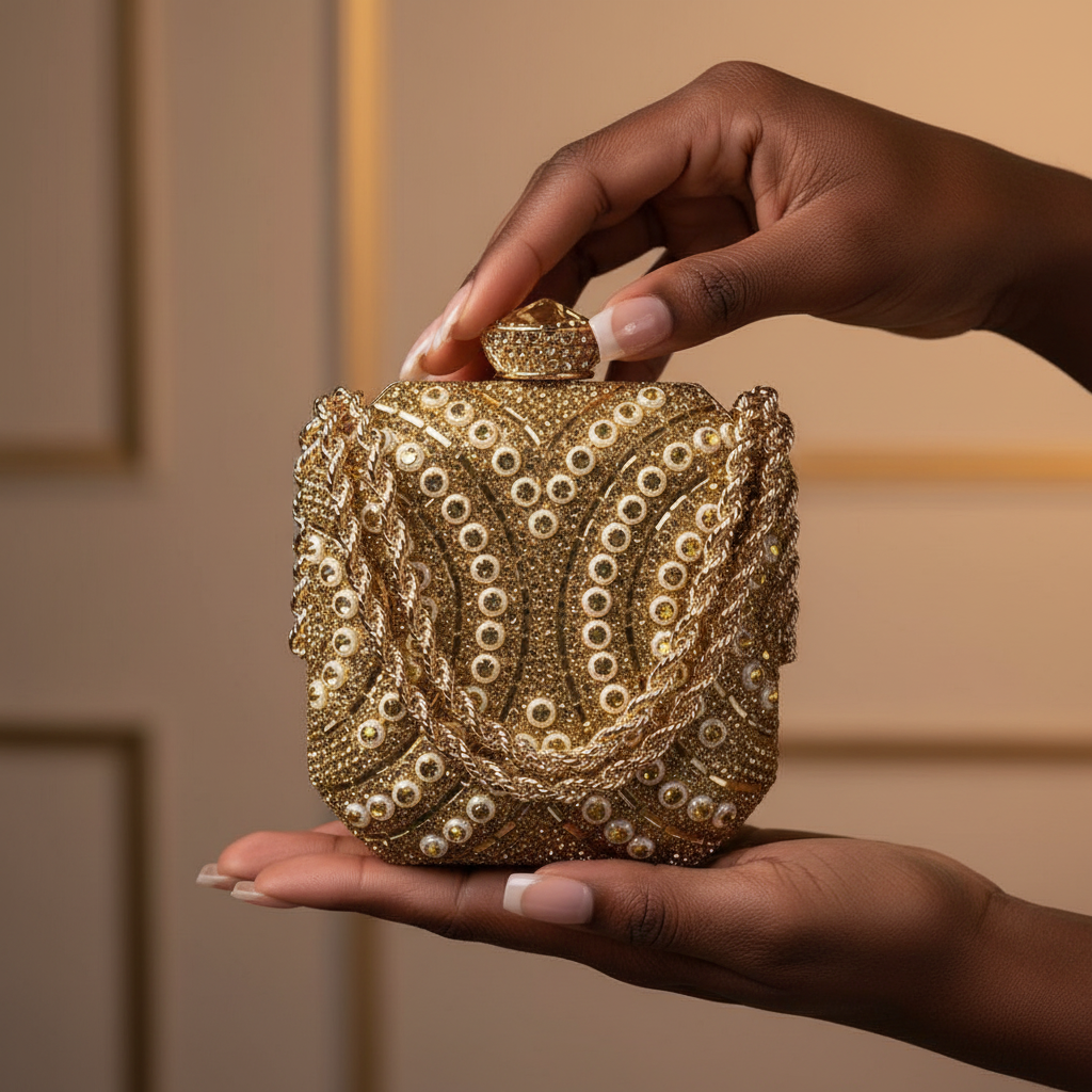 Black Nigerian woman's polished hand holding Enemuo Crystal Chain Wave Minaudière