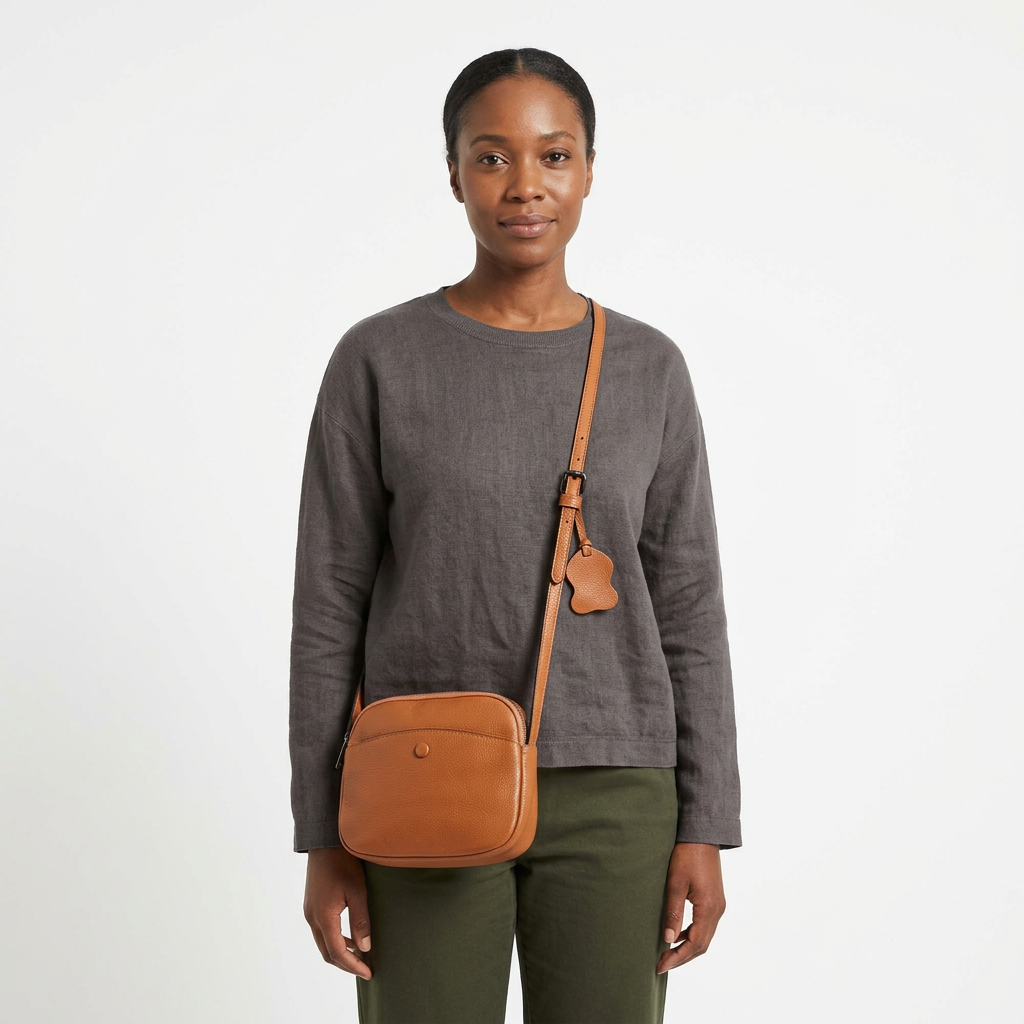 Adult woman wearing a light-brown crossbody bag