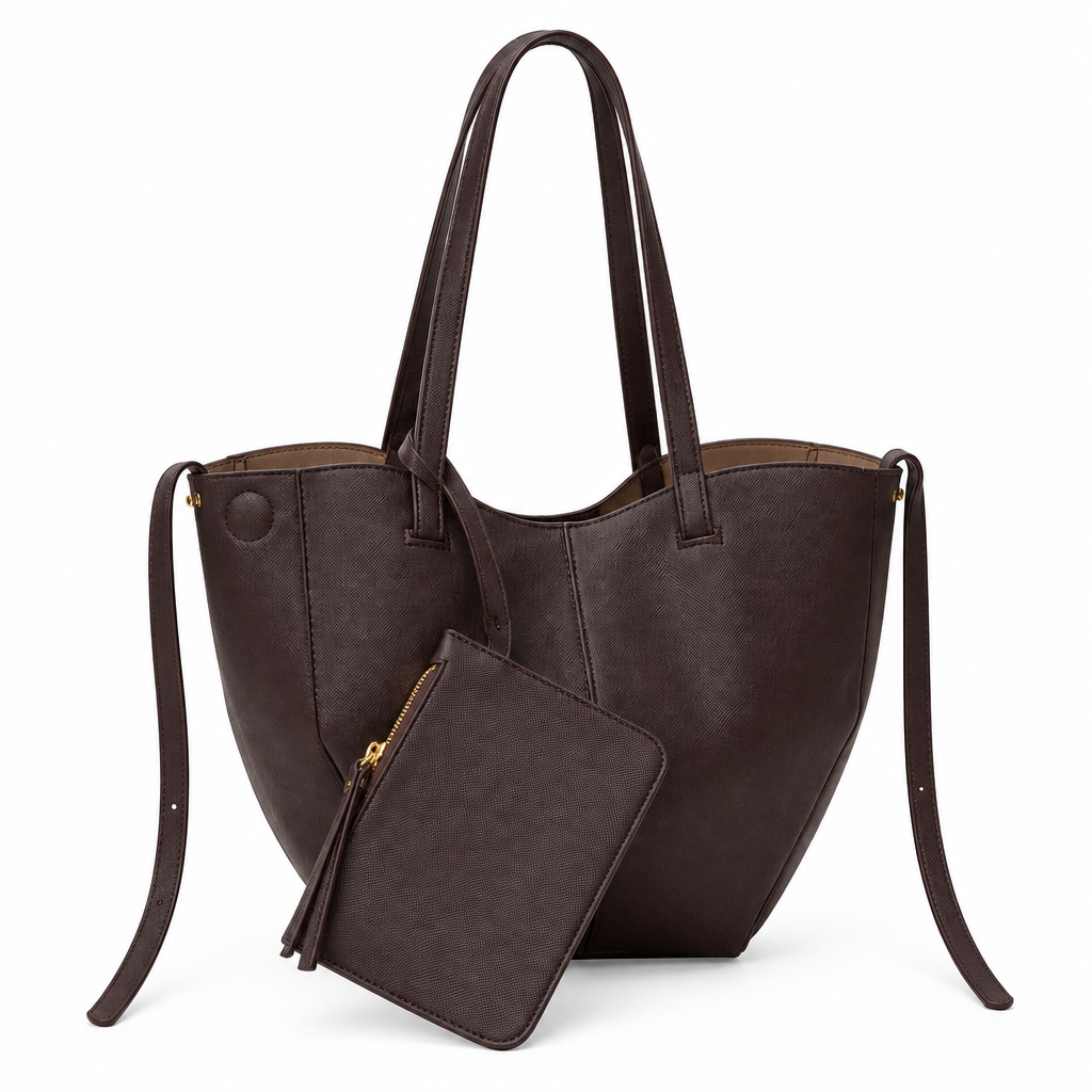 Dark brown sculptural tote and matching zip pouch on white