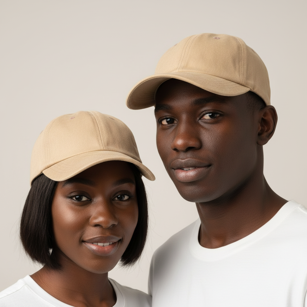 Nigerian male and female models wearing plain beige light tan unstructured dad cap