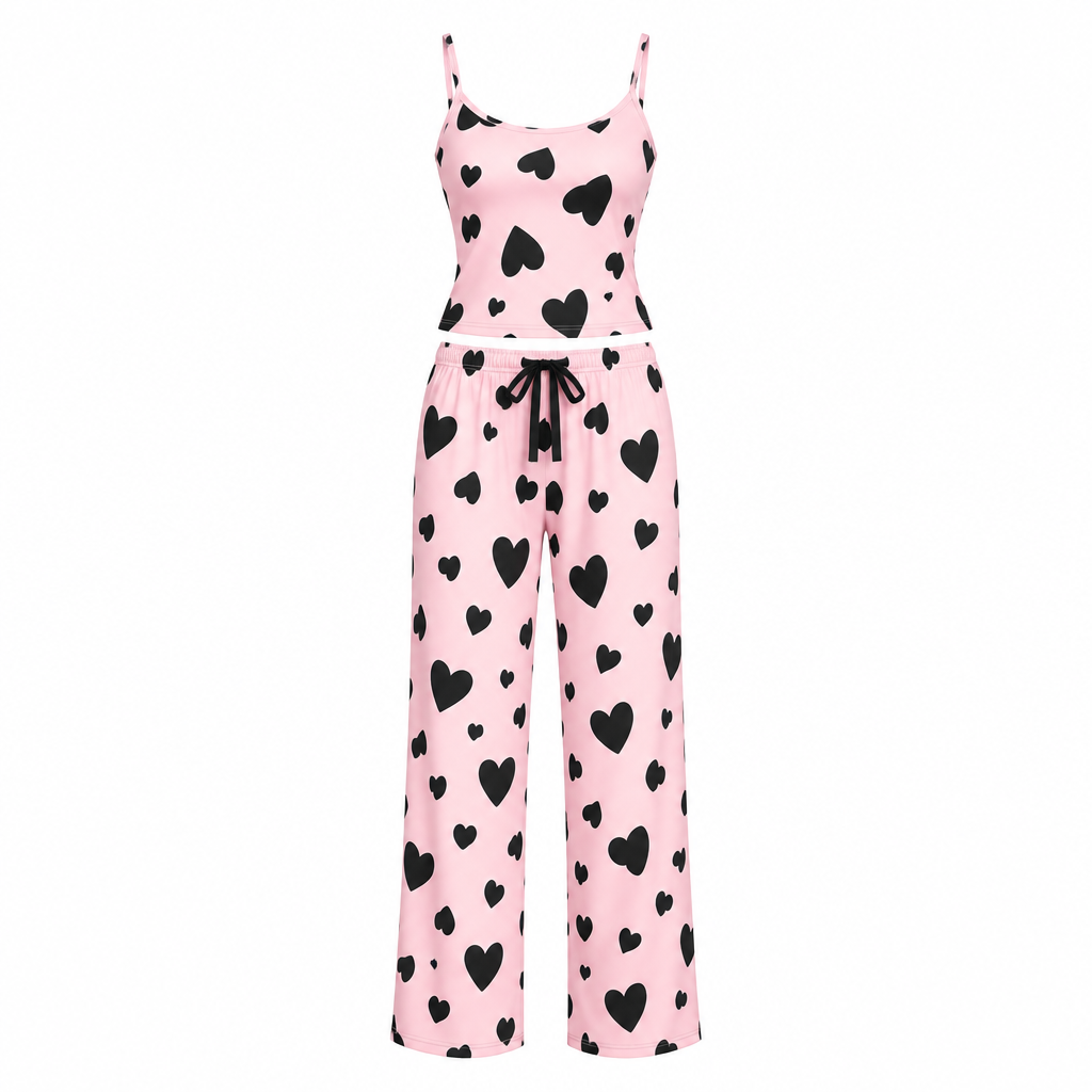 Pale pink pajama set with black hearts