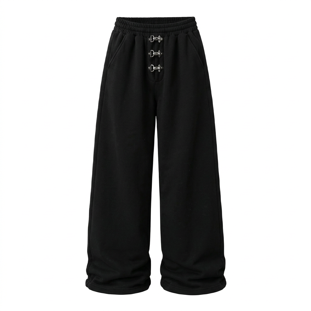 Black wide-leg trousers with three silver-tone front clasps