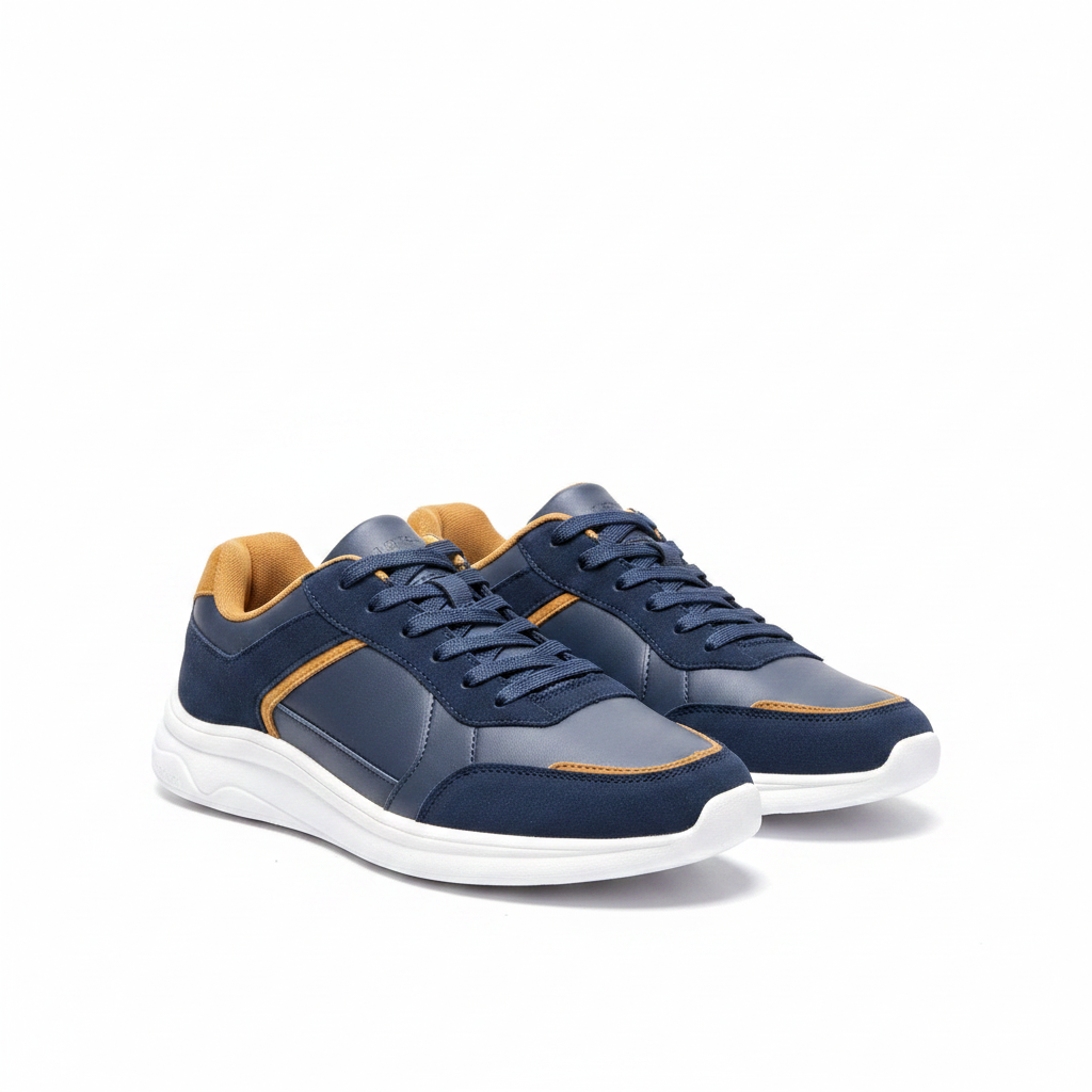 Men's navy blue leather lace-up sneakers with mustard accent pair product shot