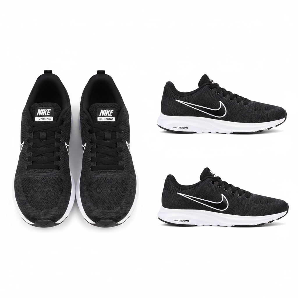 Men's black mesh lace-up athletic runner with white swoosh detail ghost mannequin front and side view pair