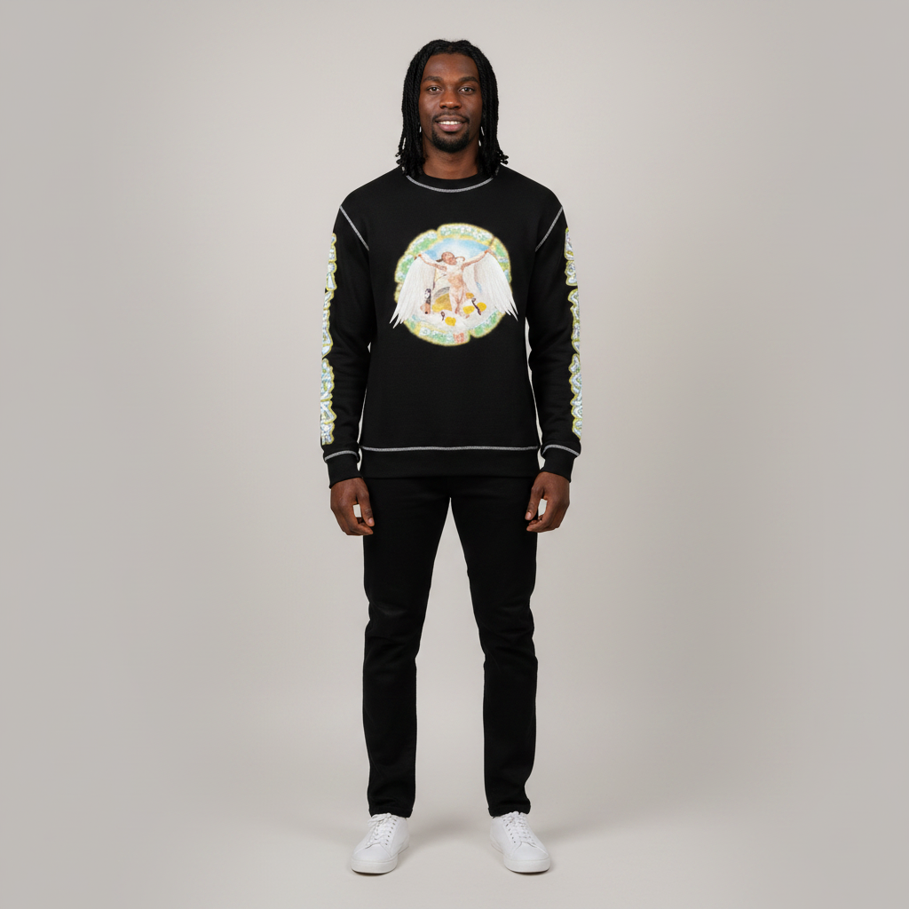 Model wearing the black graphic print sweatshirt