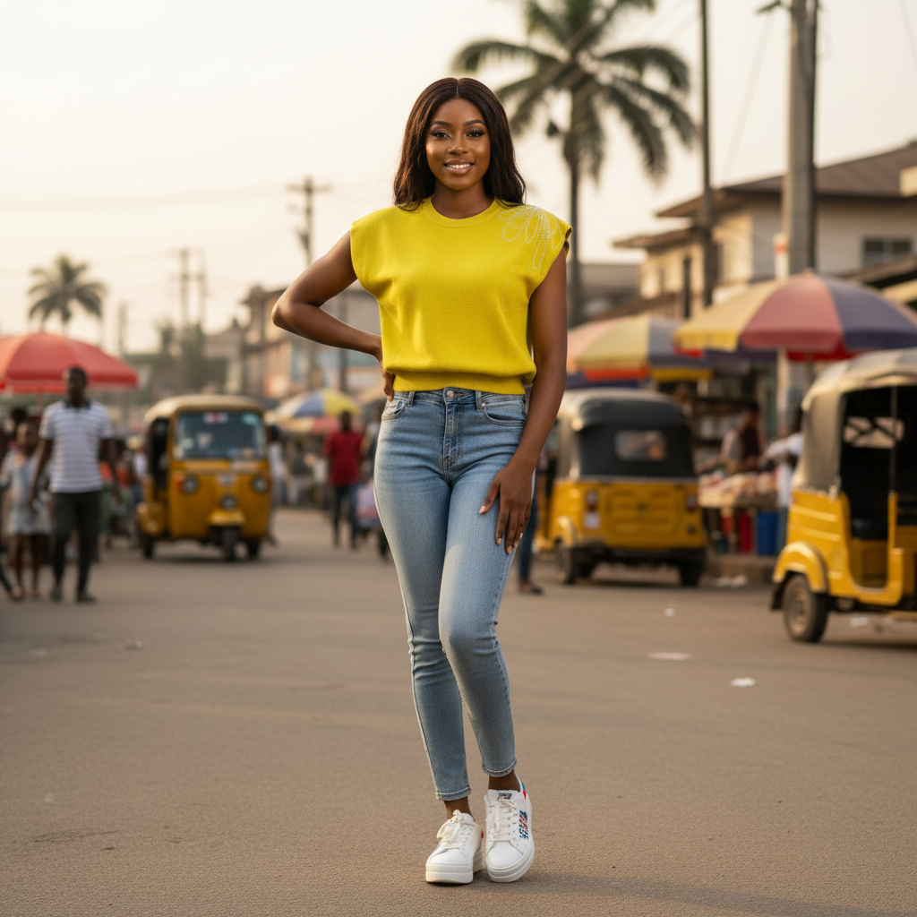 Young Nigerian female wearing yellow rhinestone knit cap sleeve top