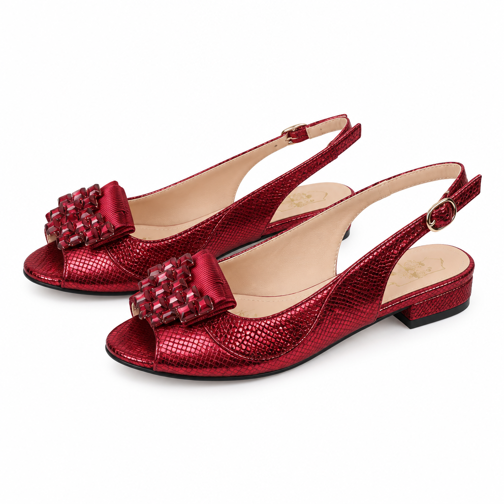 Wine slingback flats pair on white background