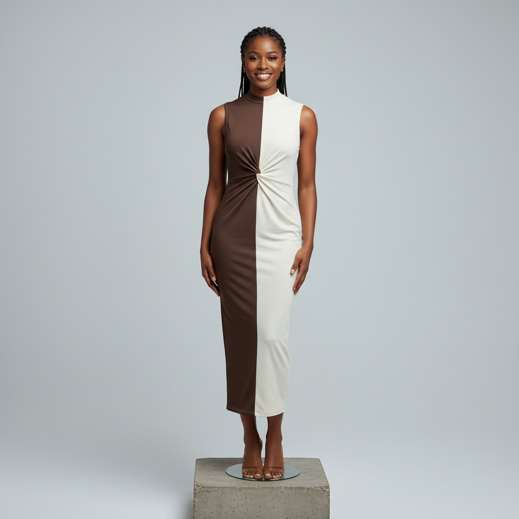 Nigerian female model front view - brown white colour block sleeveless dress