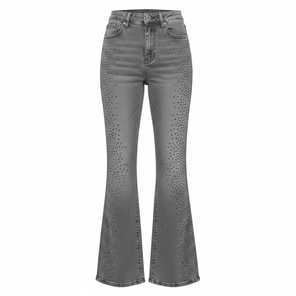 Grey All-Over Rhinestone Flare-Leg Denim Jeans - Ghost Mannequin Front