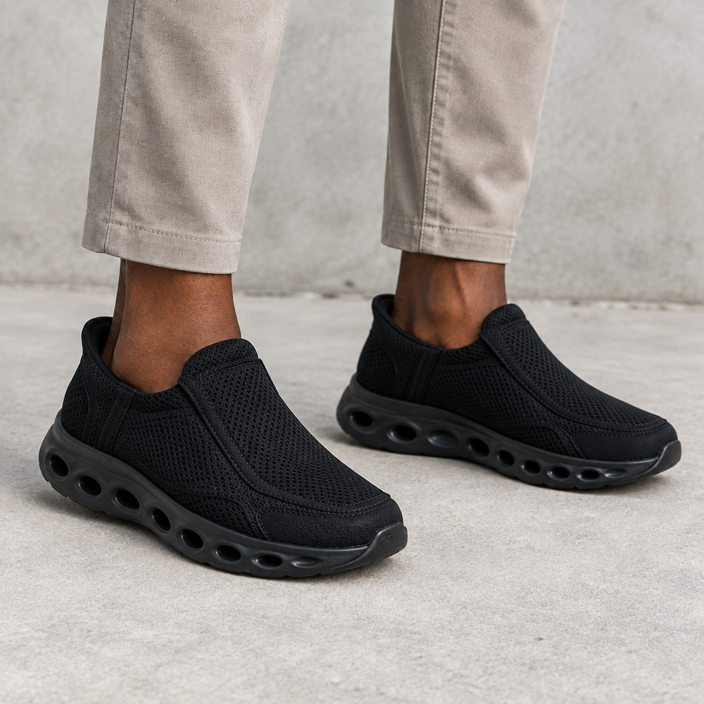 Black mesh slip-on sneakers with cutout soles, worn on both feet