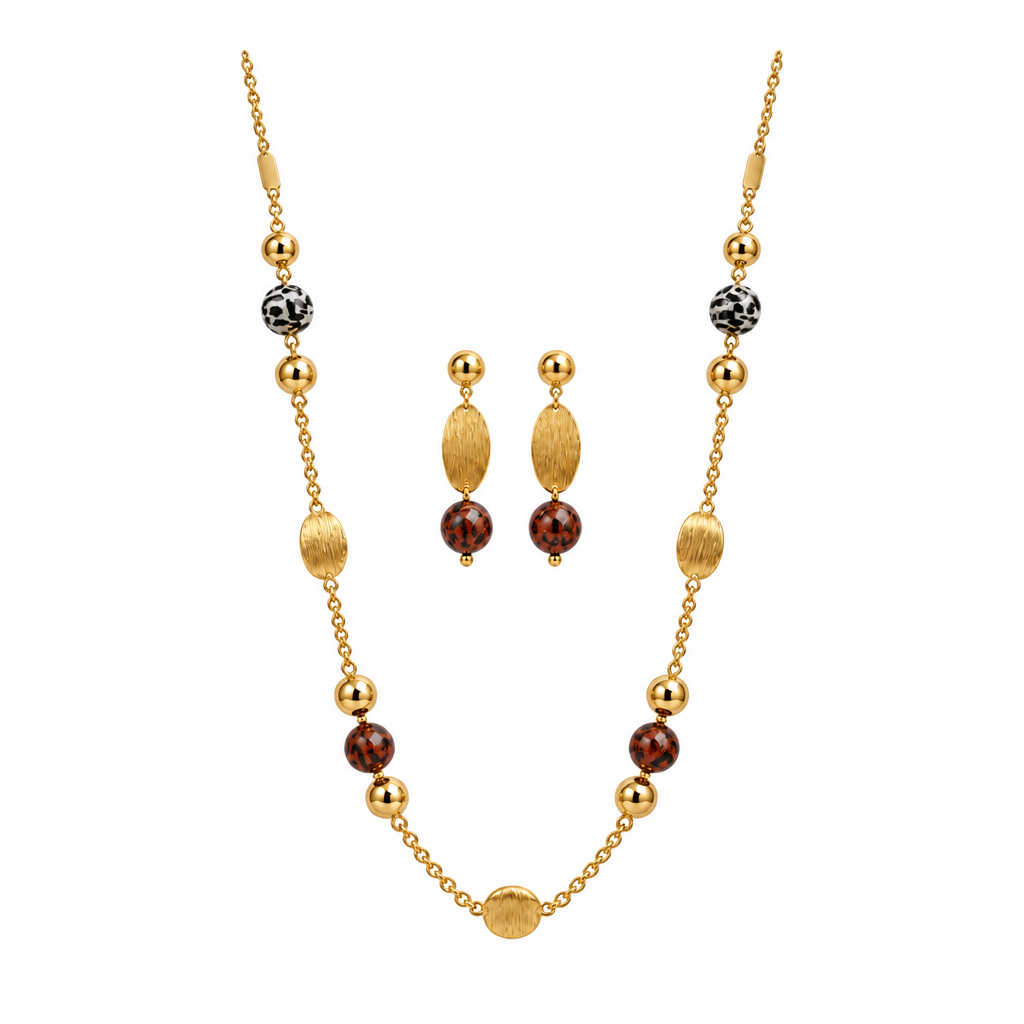 Gold leopard bead necklace and drop earring set