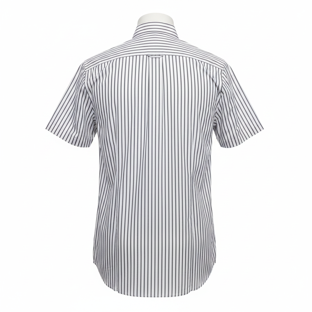 Ghost mannequin back view of white charcoal bold stripe short-sleeved shirt