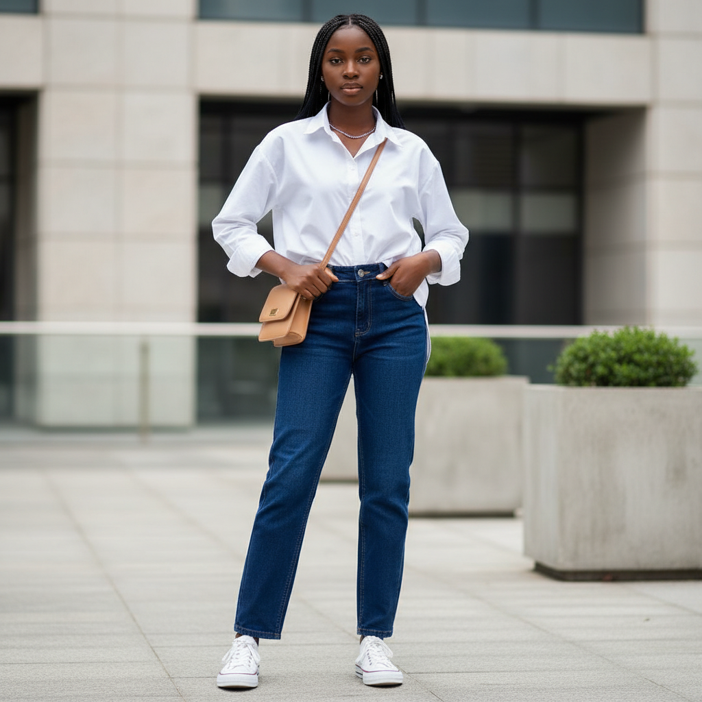 Nigerian teenage girl model wearing dark navy straight-leg jeans