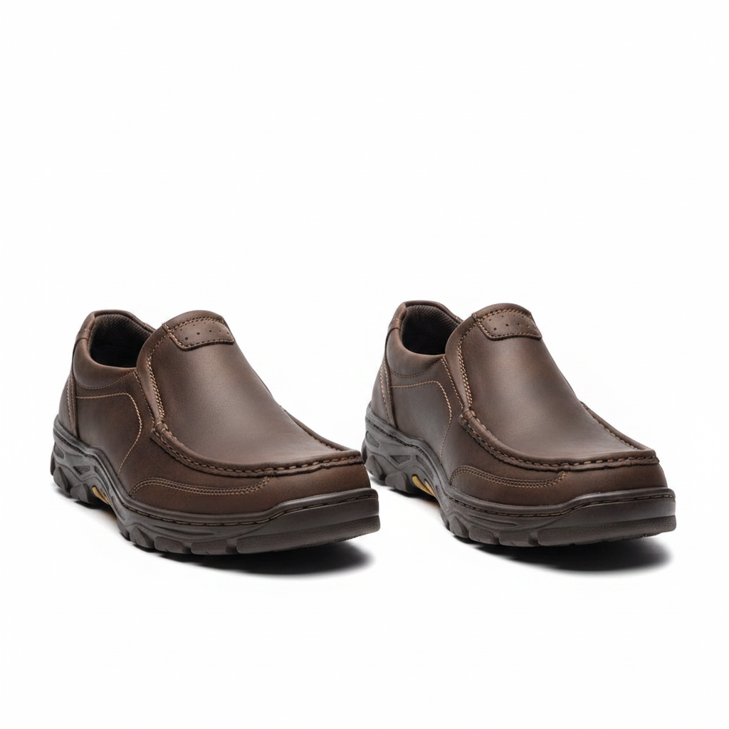 Men's dark brown waxed leather slip-on walking shoes with lug sole pair product shot