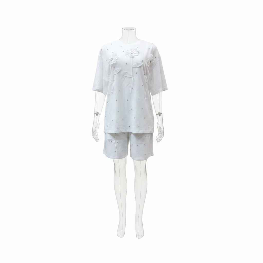 White Rhinestone Floral Co-ord Set - Ghost Mannequin Front