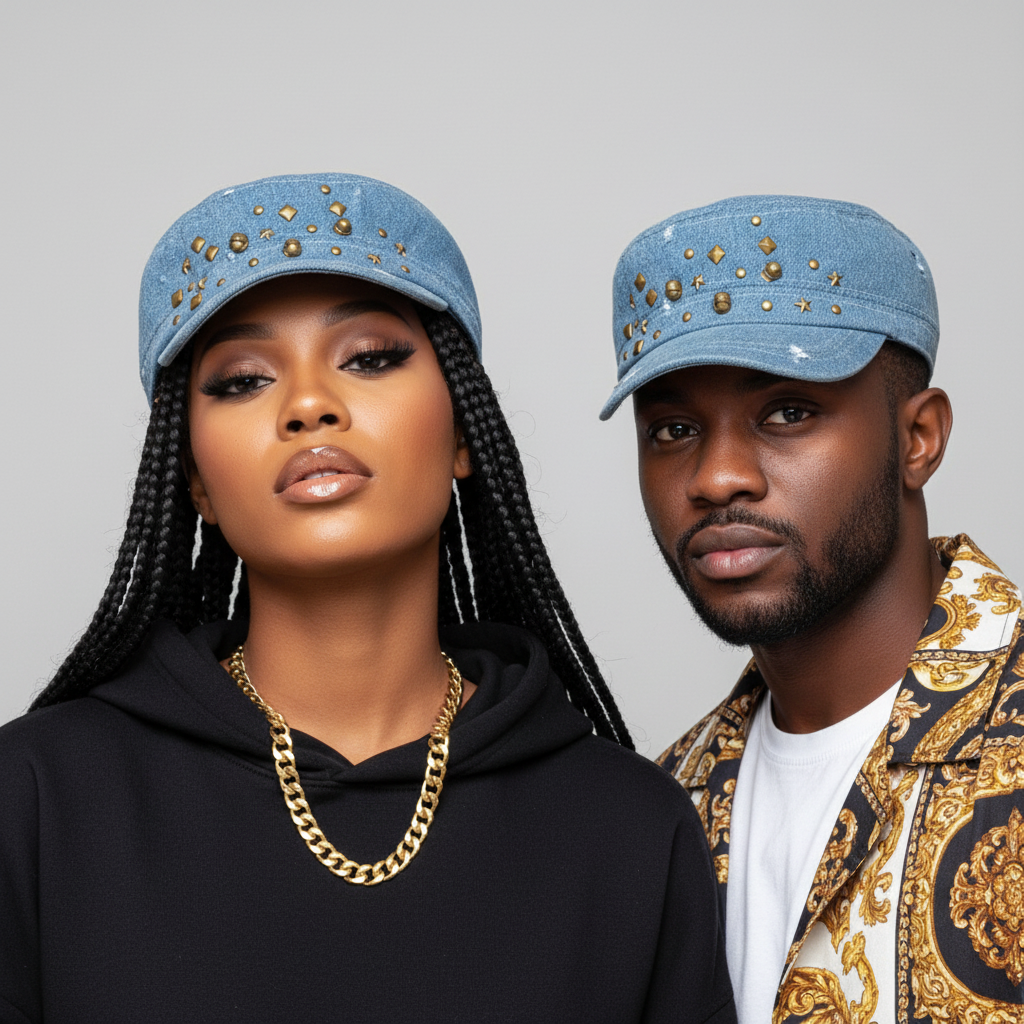 Nigerian male and female models wearing medium wash denim studded military cadet cap