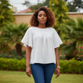 White flutter sleeve gathered blouse - front model view