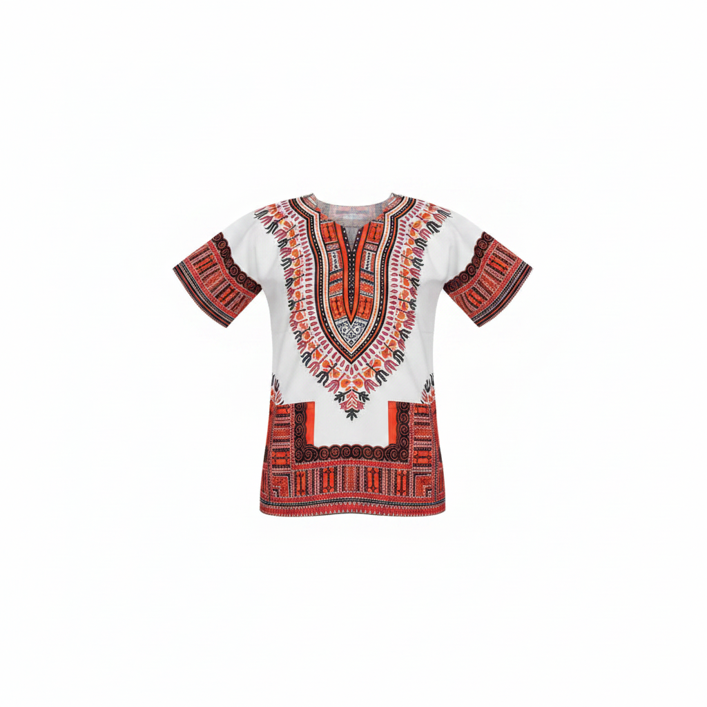 Ghost mannequin front view of white short-sleeve Dashiki top with red and black tribal African print