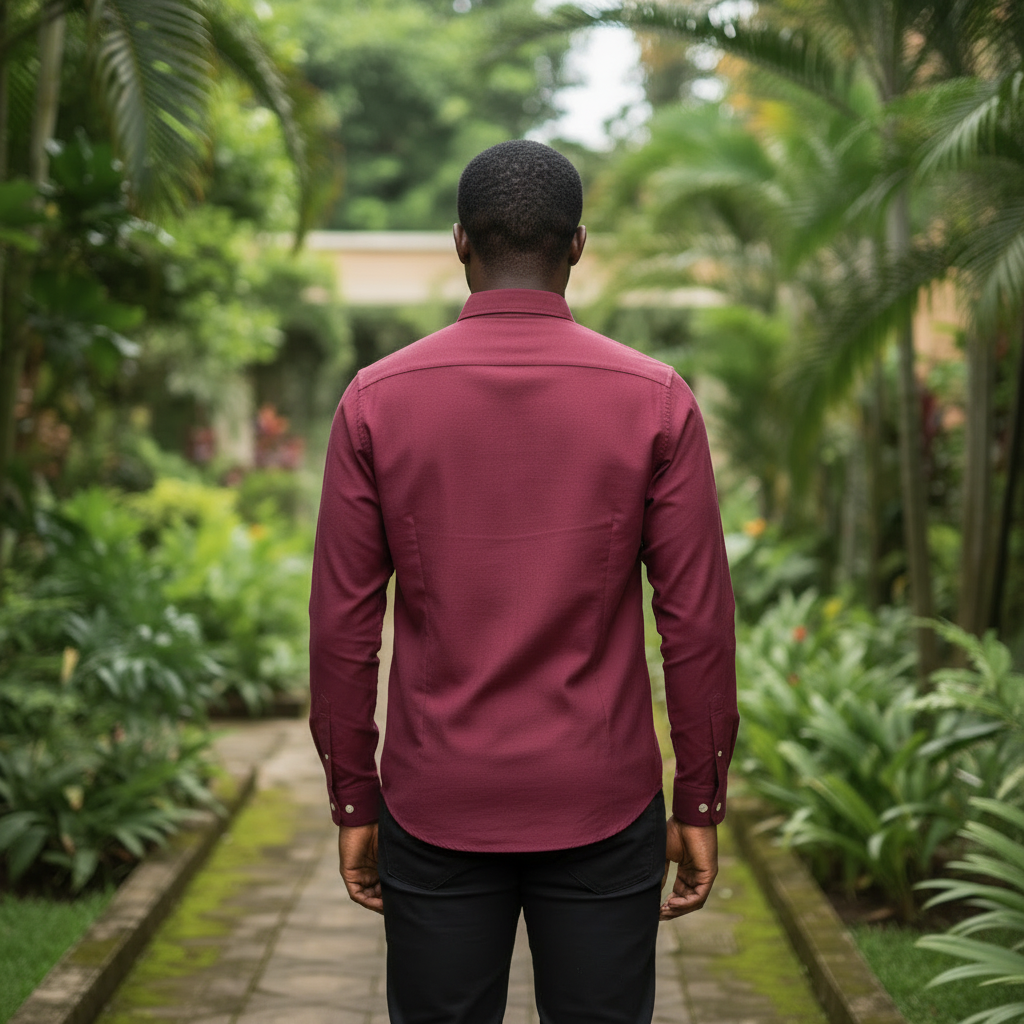 Nigerian model wearing Burgundy Button-Down Long Sleeve Shirt – Back View