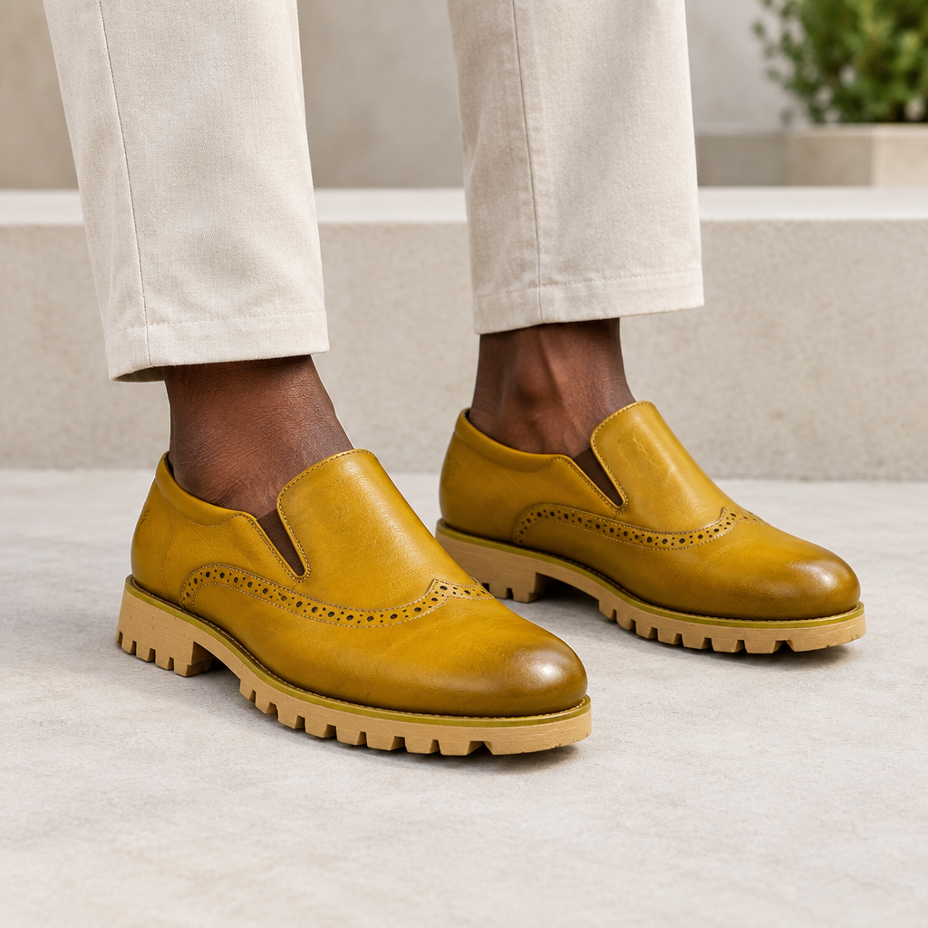 Black model wearing golden-brown men's brogue slip-on shoes