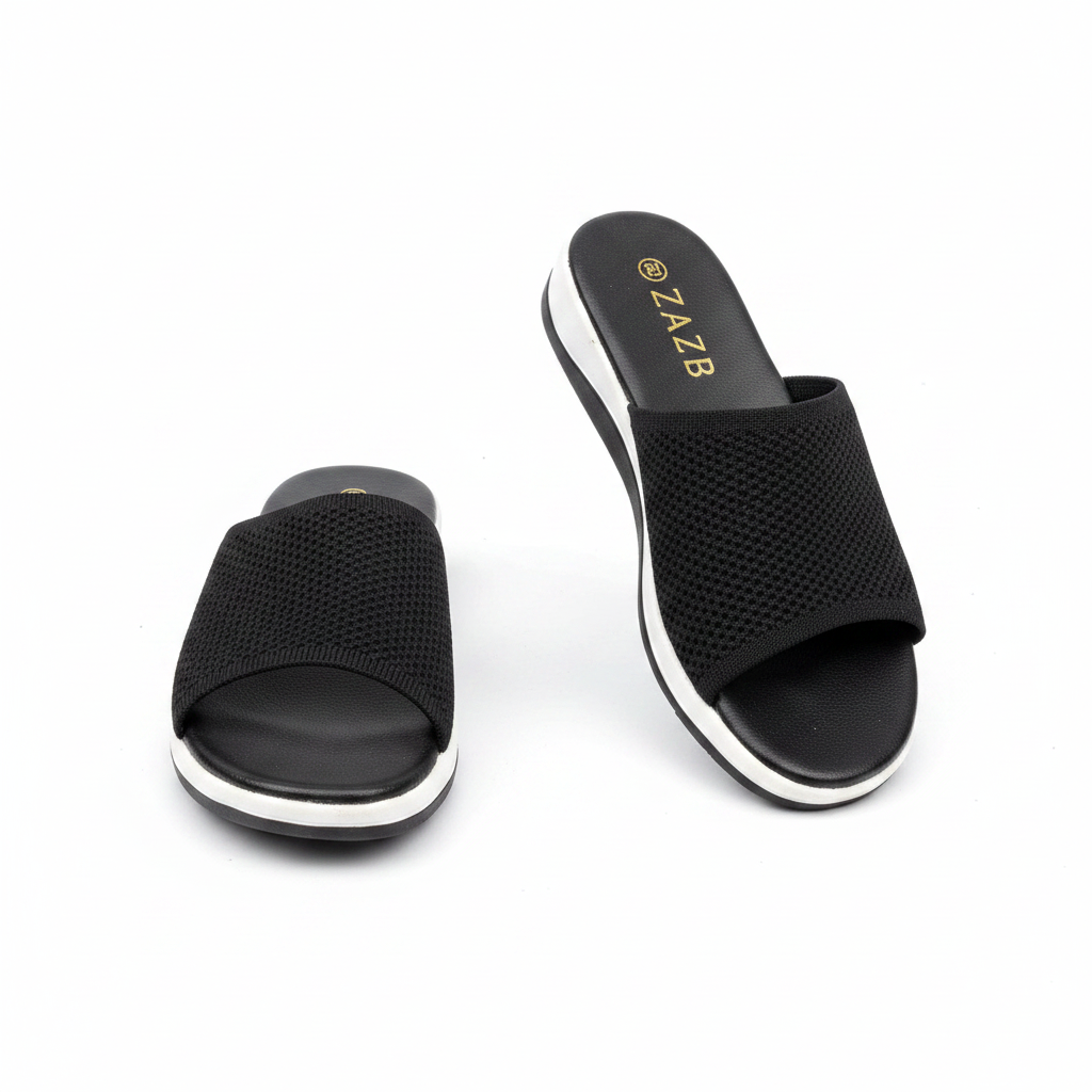 Women's black knit wide-strap flatform slide slipper - ghost mannequin pair view