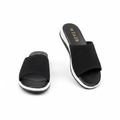 Women's black knit wide-strap flatform slide slipper - ghost mannequin pair view