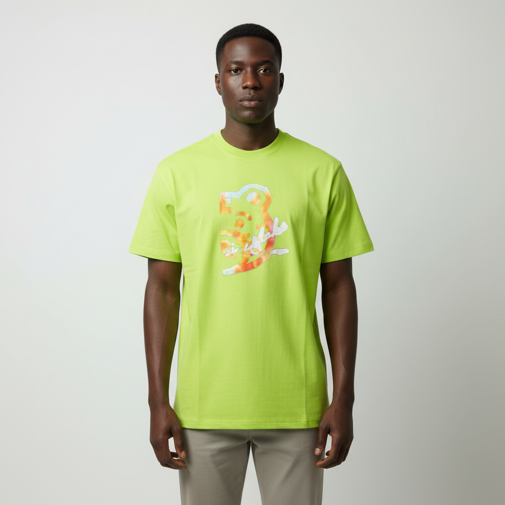 Model wearing the lime green abstract graphic t-shirt