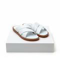 Men's white leather double cross-strap slide sandals pair on white platform