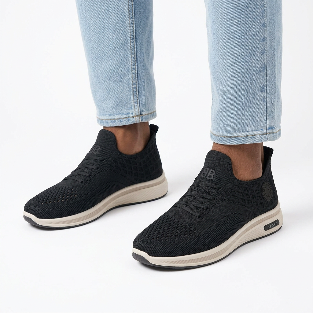 Black knit sneakers with off-white soles worn on both feet