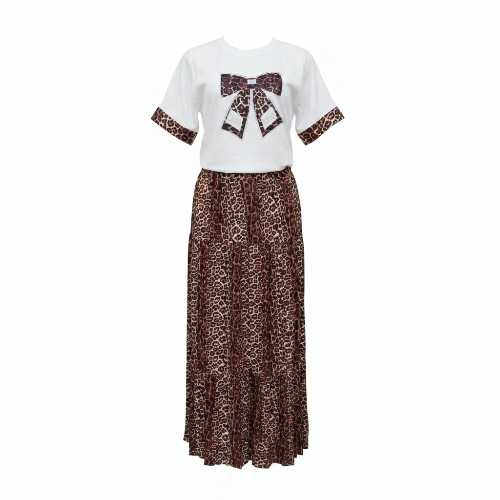 Ghost mannequin front view of White Leopard Bow Print Co-ord Set