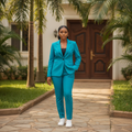 Women's Teal Blazer & Slim-Leg Trouser Co-ord Suit – Nigerian Female Model Full Body Shot