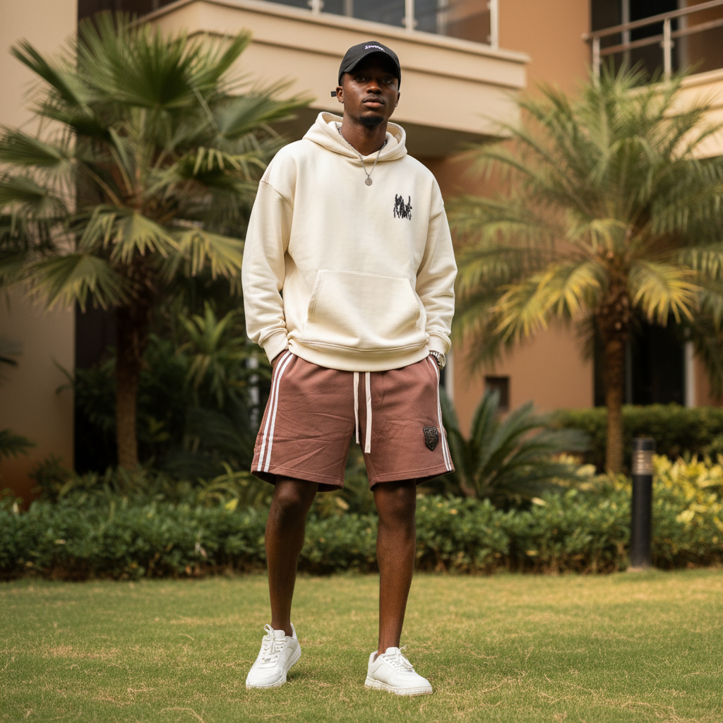 Nigerian male model wearing dusty rose double-stripe utility sweat shorts — full body streetwear shot